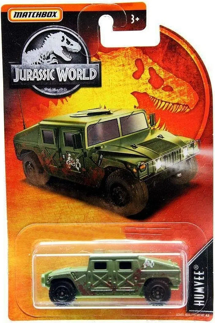Packaging Matchbox Humvee Jurassic World (2019) avec illustration et véhicule vert dans la fenêtre transparente.