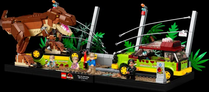 Ensemble de figurines LEGO Jurassic World avec un T-Rex et une voiture verte.