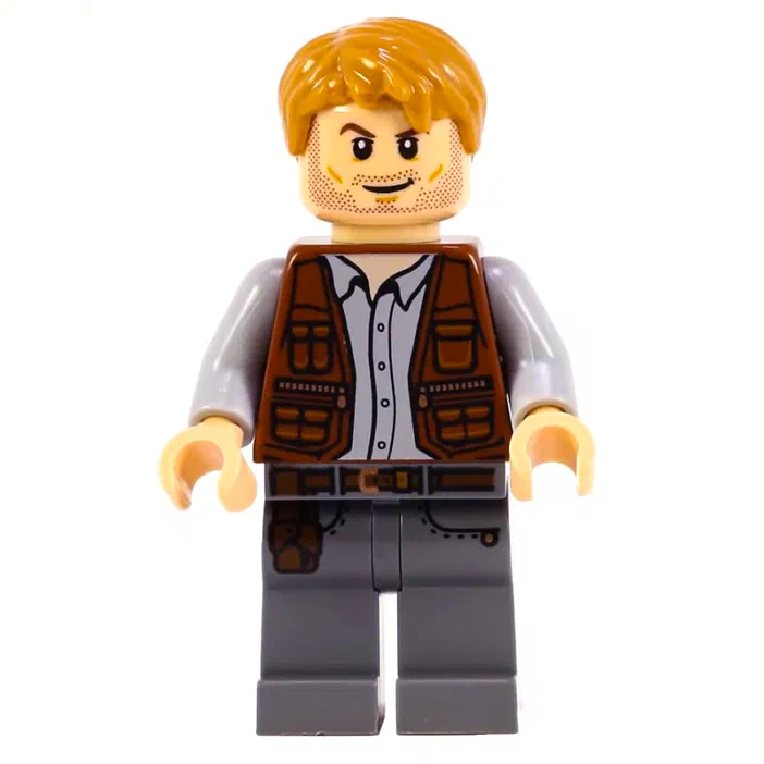 Minifigurine de Owen Grady avec un gilet marron et des jambes gris foncé.