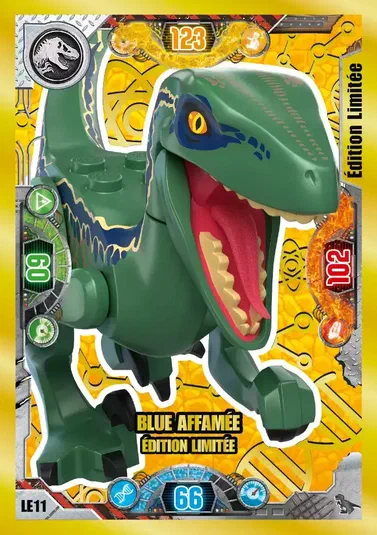 Carte de collection LEGO Jurassic World montrant un dinosaure vert nommé Blue affamée édition limitée