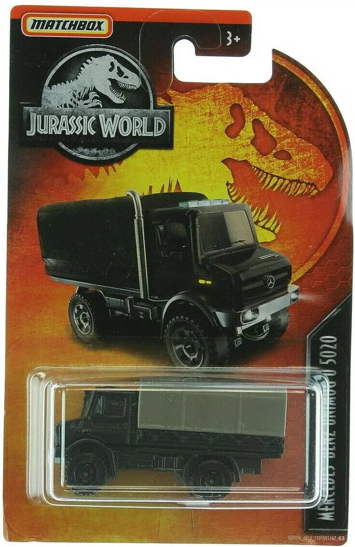 Packaging Matchbox Jurassic World avec un camion Mercedes-Benz Unimog U 5020 noir.