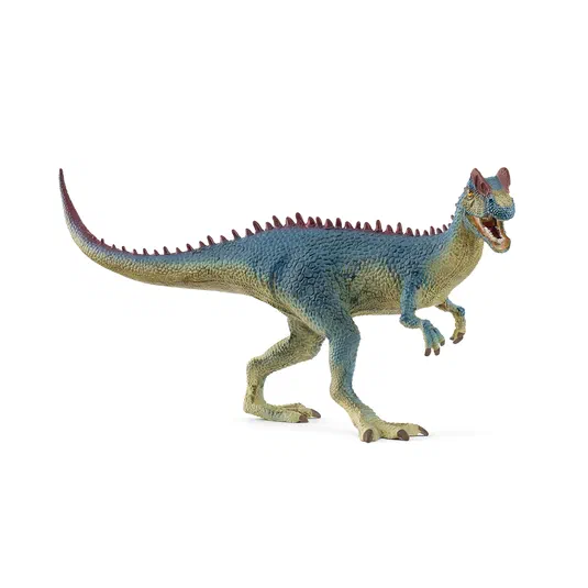 Figurine de dinosaure Dilophosaurus bleu et vert avec des crêtes rouges sur le dos