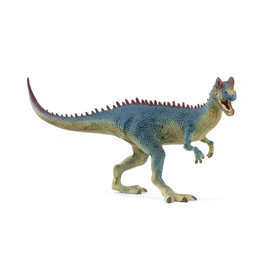 Figurine de dinosaure Dilophosaurus bleu et vert avec des crêtes rouges sur le dos