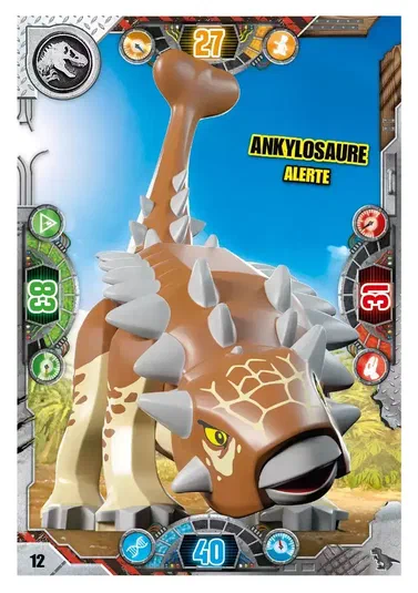 Carte de collection LEGO Jurassic World représentant un Ankylosaure alerte avec des statistiques et une illustration détaillée.