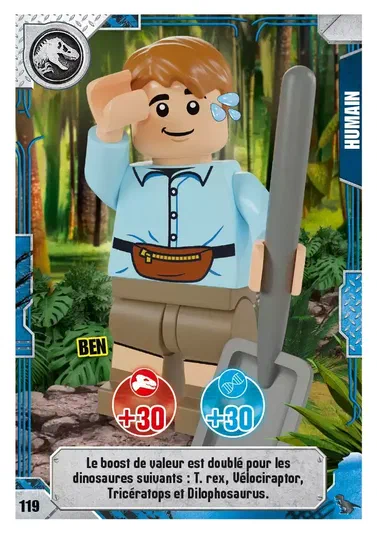 Carte de collection LEGO Jurassic World montrant le personnage Ben avec des statistiques et une description en français.