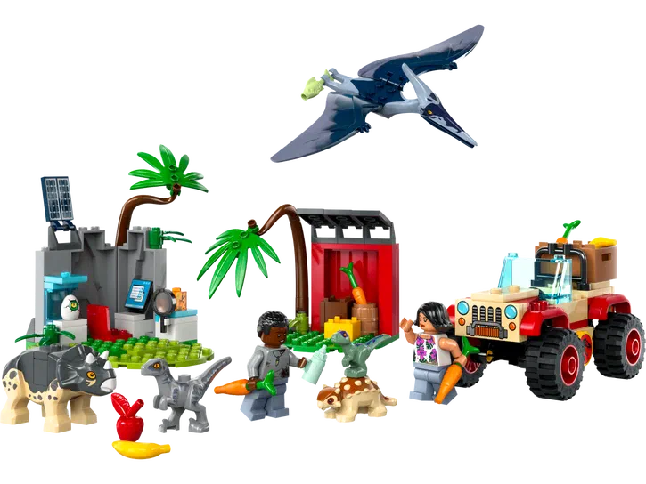 Ensemble de figurines LEGO Jurassic World avec des dinosaures, un pterodactyle et une jeep.