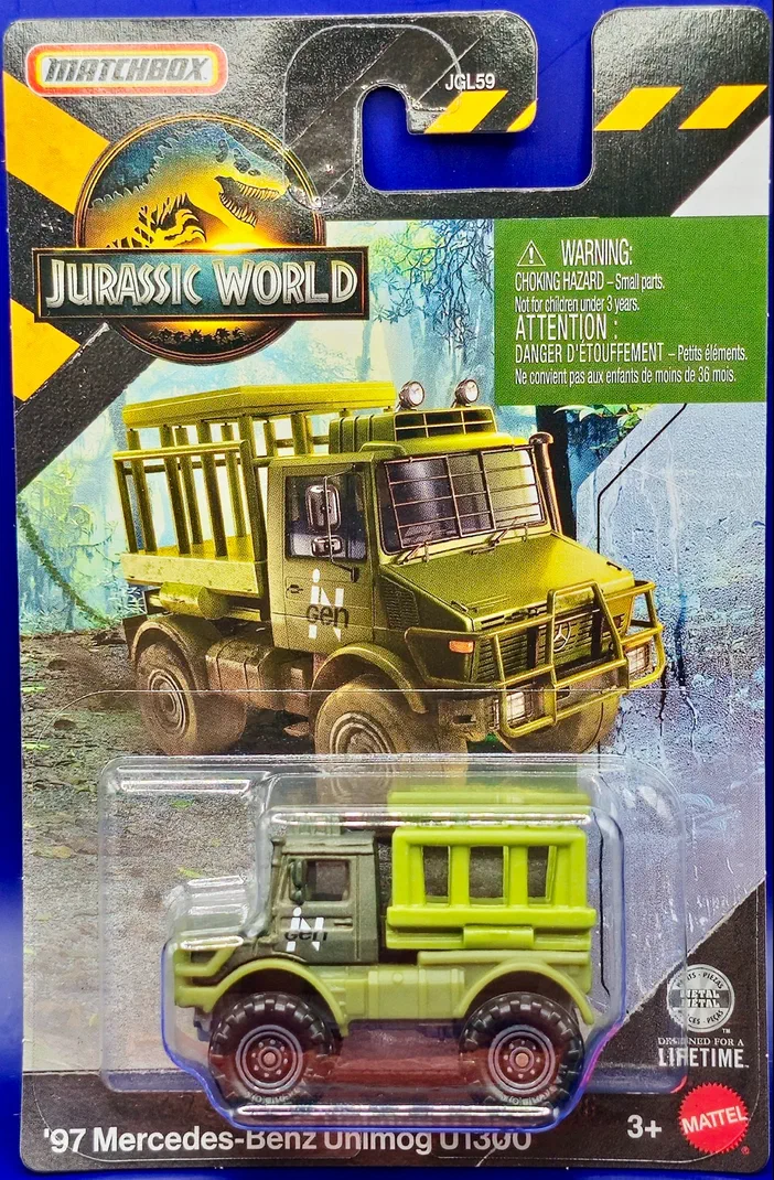 Packaging Matchbox de la voiture '97 Mercedes-Benz Unimog U1300 InGen pour Jurassic World