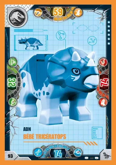 Carte de collection LEGO Jurassic World présentant un Bébé Tricératops bleu avec des taches blanches.