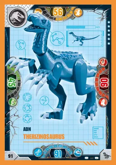 Carte de collection LEGO Jurassic World présentant le Therizinosaurus avec des statistiques ADN et un modèle en briques.