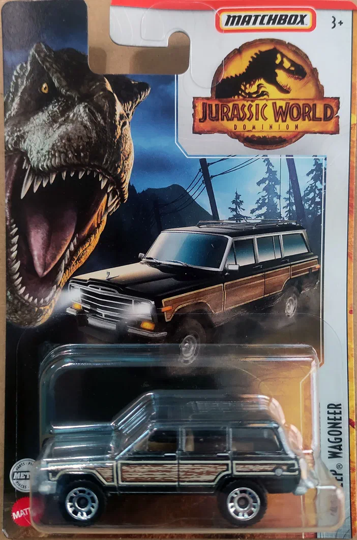 Packaging Matchbox de la Jeep Wagoneer '89 pour Jurassic World Dominion avec une illustration d'un T-Rex.