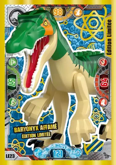 Carte de collection LEGO Jurassic World montrant un Baryonyx affamé édition limitée.