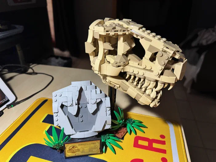 Crâne de dinosaure en LEGO beige monté sur un socle gris avec des plantes vertes, étiqueté 'Tyrannosaurus Rex'.