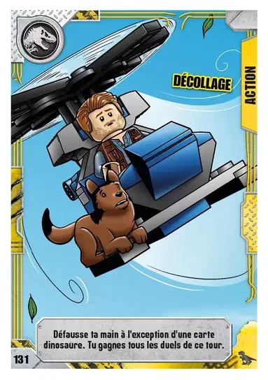 Carte de collection LEGO Jurassic World : un personnage et son chien sont dans une hélicoptère en décollage.