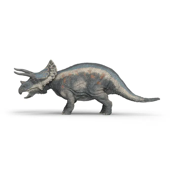 Modèle de tricératops gris avec des taches orange sur le dos et une crête ornée.