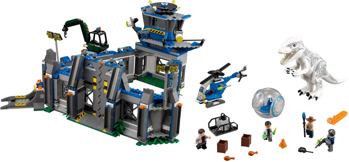 Ensemble de construction LEGO Jurassic World : une base avec hélicoptère et un Indominus Rex blanc.