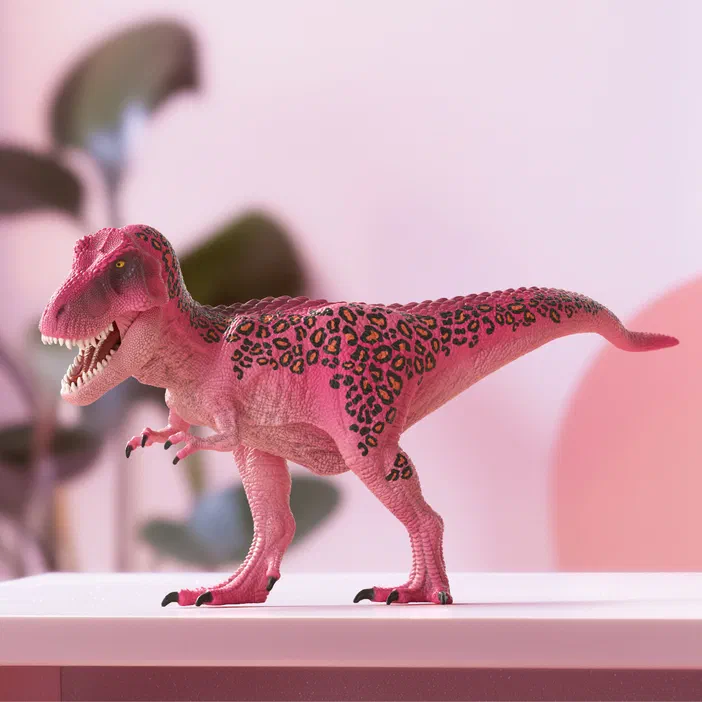 Un jouet T-Rex de la marque Schleich, peint en rose avec des motifs léopard noirs et orange sur le dos.