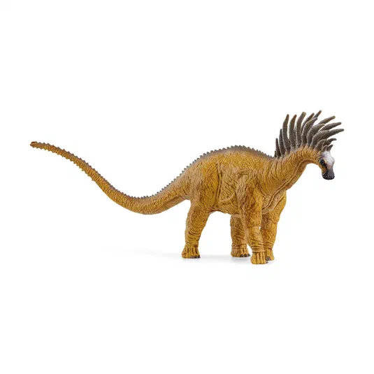 Figurine de dinosaure Bajadasaure jaune avec une crête dorsale grise, sur fond blanc.