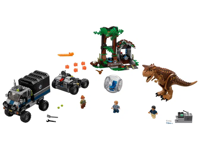 Ensemble de construction LEGO Jurassic World montrant un véhicule d'expédition, une structure forestière avec le mot 'GYROSHERE', et un dinosaure Carnotaurus.