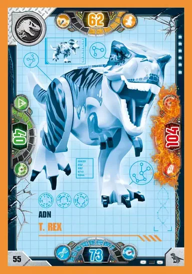 Carte de collection LEGO Jurassic World présentant un T. rex blanc avec des motifs bleus et les informations ADN.