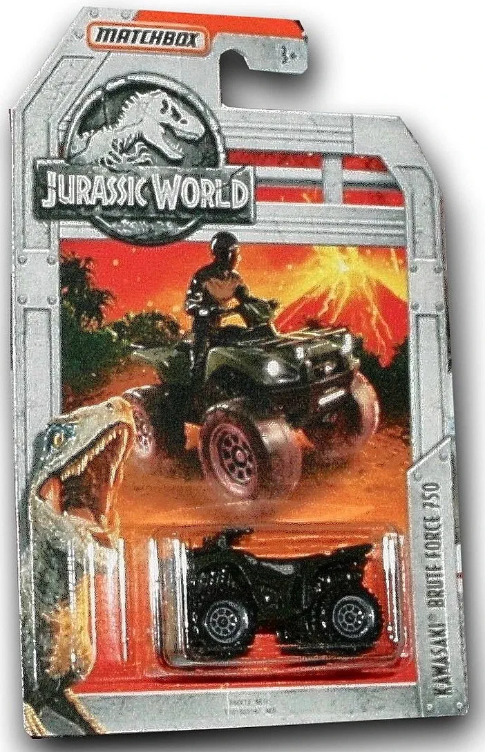 Packaging Matchbox Kawasaki Brute Force 750 Jurassic World avec illustration d'un quad noir et dinosaure