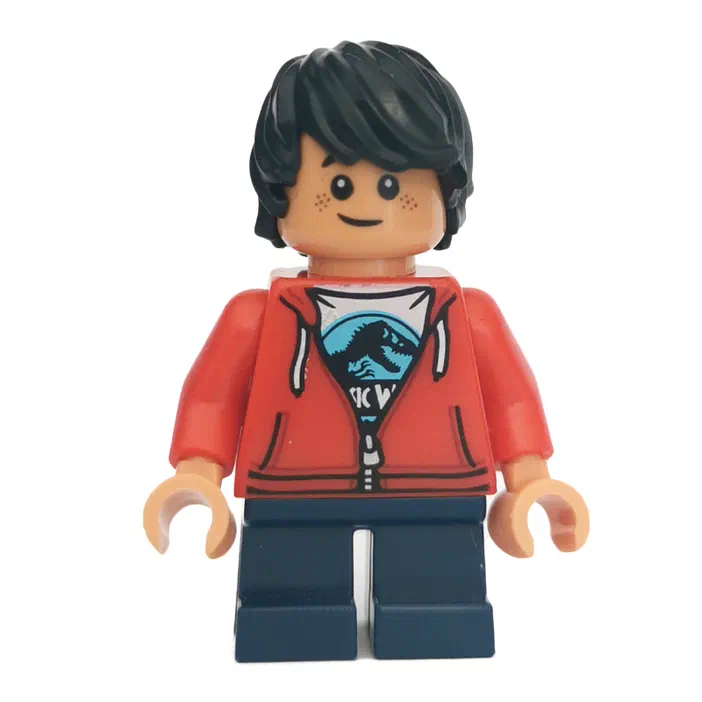 Minifigurine LEGO Jurassic World avec une veste rouge et un t-shirt bleu.