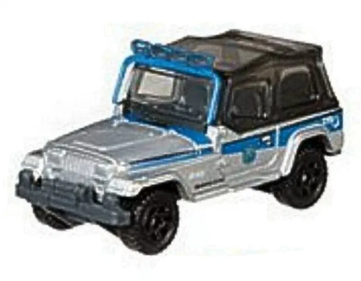 Puce Matchbox Jeep Wrangler argentée avec des détails bleus et un toit noir.