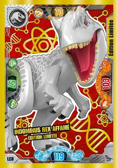 Carte de collection LEGO Jurassic World montrant un Indominus Rex affamé édition limitée.