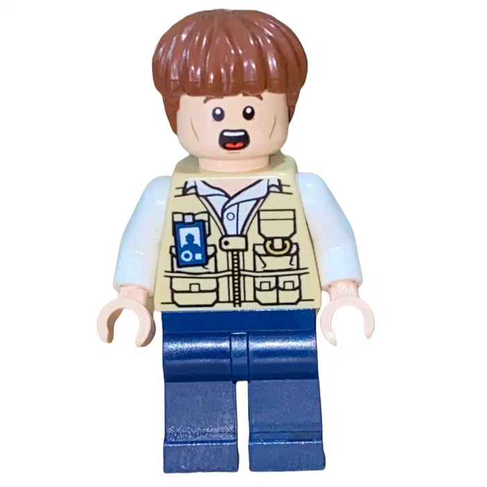 Minifigurine LEGO représentant un vétérinaire avec une coupe au bol, portant une veste beige et des pantalons bleus.