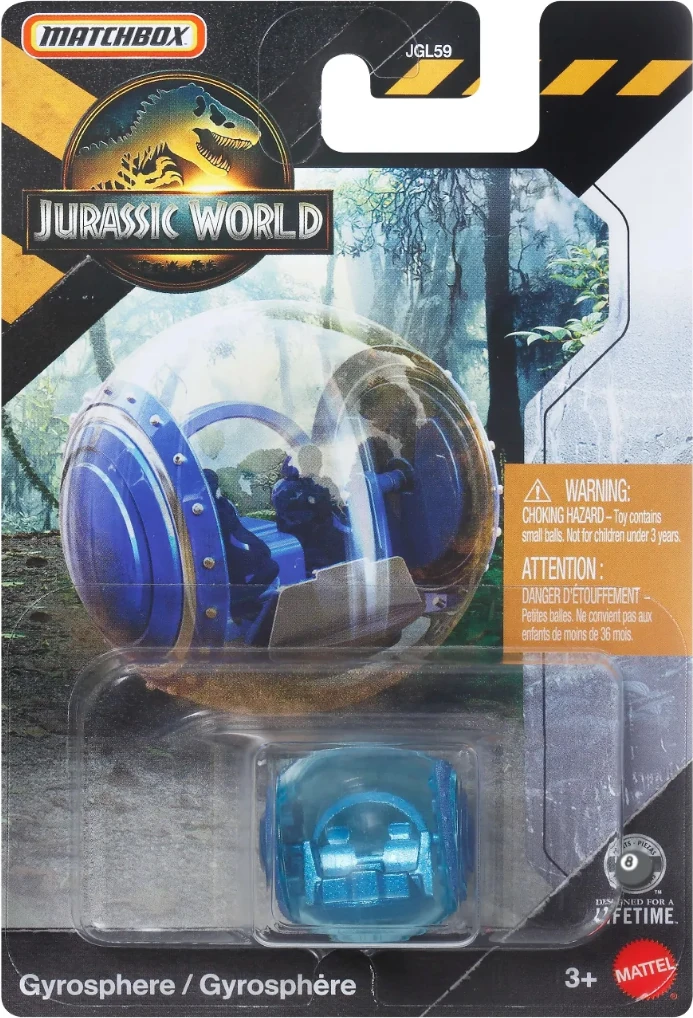 Emballage Matchbox Jurassic World contenant une Gyrosphere bleue transparente.