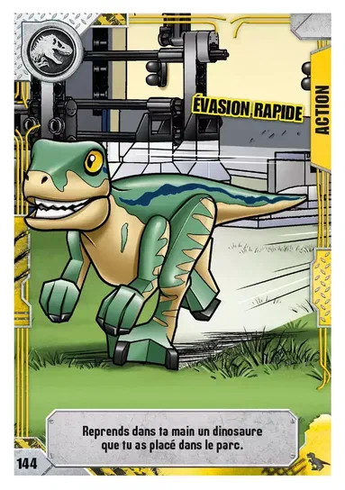 Carte de collection LEGO Jurassic World n°144 : Évasion rapide. Un dinosaure vert et beige est représenté en train de courir dans un environnement industriel avec des tuyaux noirs.