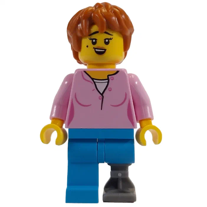 Minifigurine LEGO avec un haut rose, des jambes bleu foncé et une jambe prothétique grise.