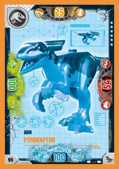 Carte de collection LEGO Jurassic World présentant le dinosaure Pyroraptor en bleu avec des données ADN et un score de vitesse.