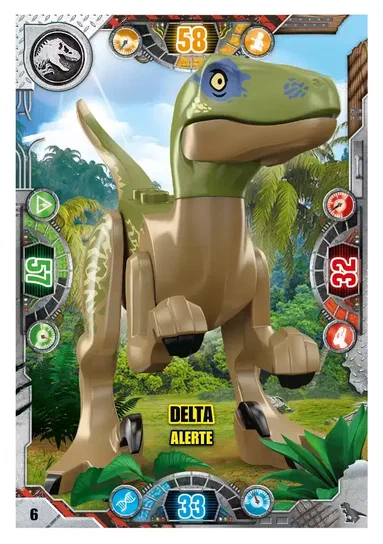 Carte de collection LEGO Jurassic World montrant un dinosaure vert et marron avec le texte 'DELTA ALERTE'.