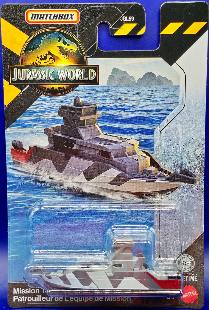 Carte de jouet Matchbox Jurassic World montrant un bateau de patrouille Mission Team Patrol Craft dans l'emballage.
