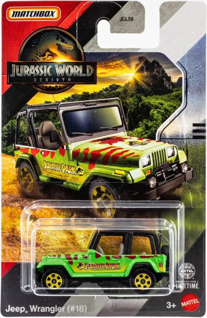 Packaging Matchbox d'une Jeep Wrangler verte avec des motifs de dinosaures pour Jurassic World Rebirth