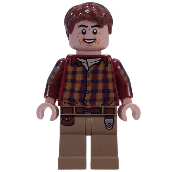 Minifigurine LEGO de Jurassic World avec une chemise à carreaux et un pantalon beige.