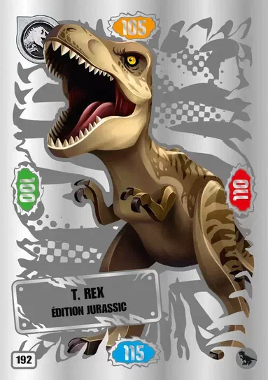 Carte de collection LEGO Jurassic World présentant un T. rex édition jurassic avec des détails et numéros.