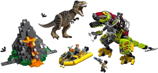 Ensemble de pièces LEGO Jurassic World incluant un T. rex, une Dino-Mech et des minifigurines sur fond blanc.