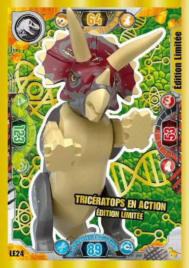 Carte de collection LEGO Jurassic World montrant un Tricératops en action édition limitée