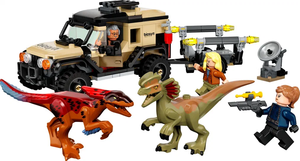Ensemble de figurines LEGO Jurassic World avec un véhicule, deux dinosaures et trois personnages.