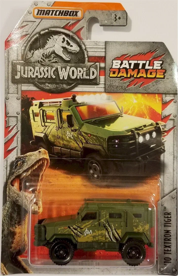 Packaging Matchbox de la voiture Textron Tiger verte (2018) du jeu Jurassic World Battle Damage