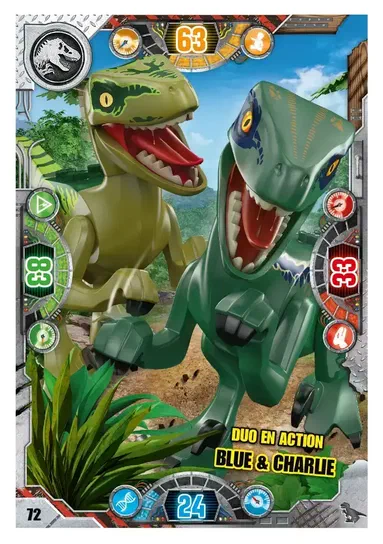 Carte de collection LEGO Jurassic World présentant le duo Blue et Charlie en action.