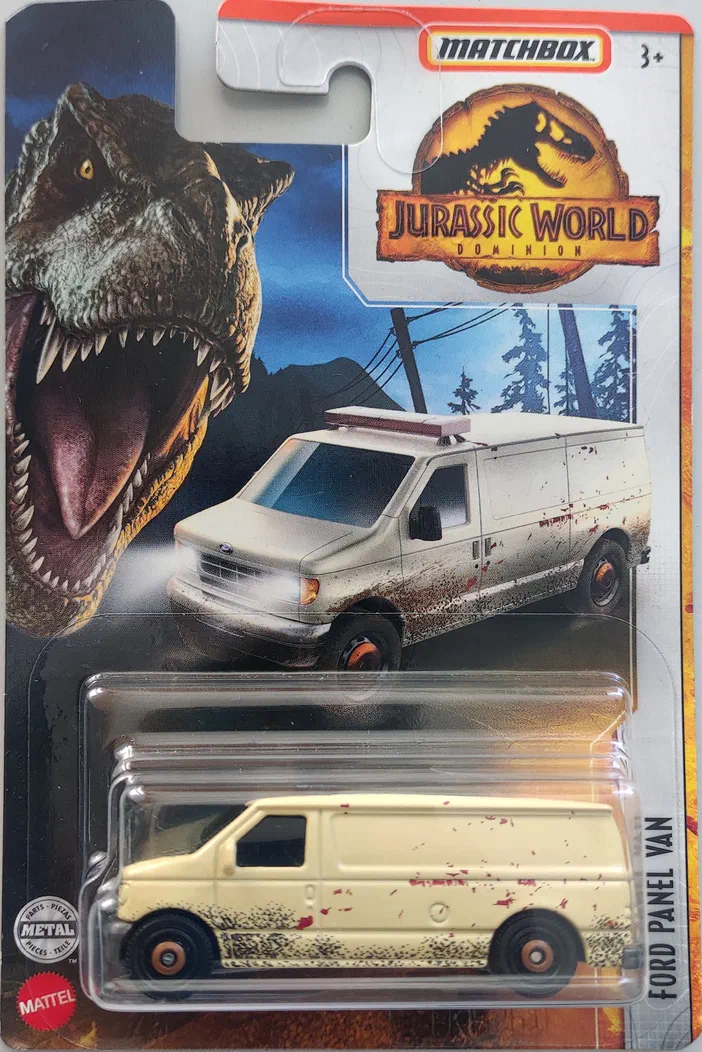 Ford Panel Van de Jurassic World Dominion dans son emballage Matchbox avec un T-Rex en arrière-plan