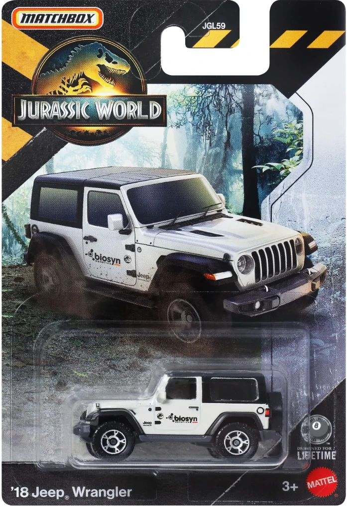 Emballage Matchbox Jurassic World contenant une Jeep Wrangler '18 blanche avec le logo biosyn.