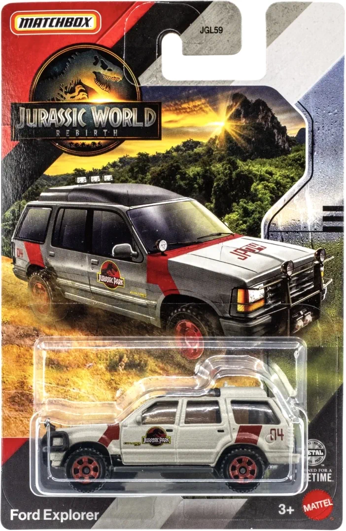 Packaging Matchbox d'une Ford Explorer blanche du jeu Jurassic World Rebirth avec des détails rouges et noirs.