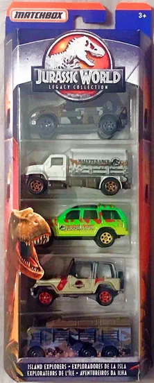 Packaging Matchbox Jurassic World contenant cinq véhicules de collection : un camion citerne, une Jeep verte et quatre autres voitures d'exploration.