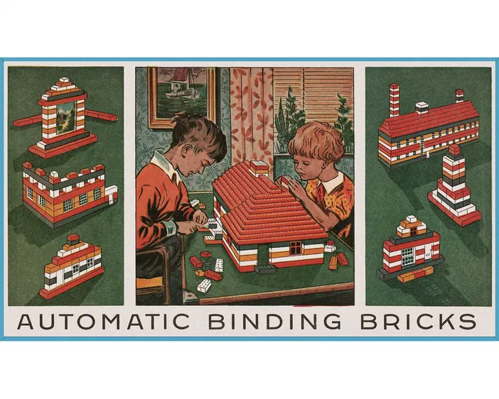 Illustration du set de briques Lego 700.1-1 de 1949 montrant deux enfants construisant une maison avec des briques rouges et blanches.