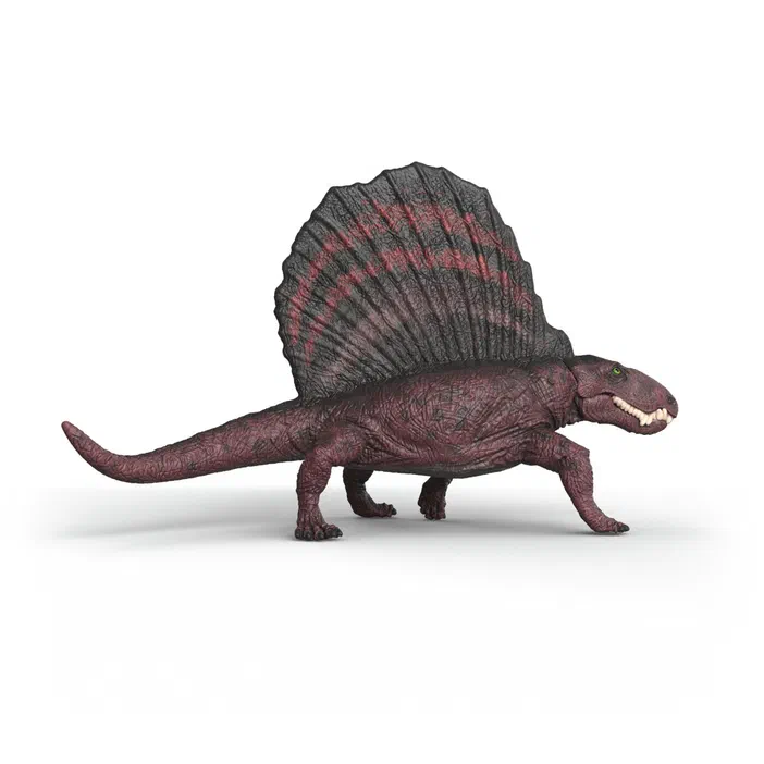 Figurine de dinosaure Dimetrodon vue de profil avec une crête dorsale rouge et noire.