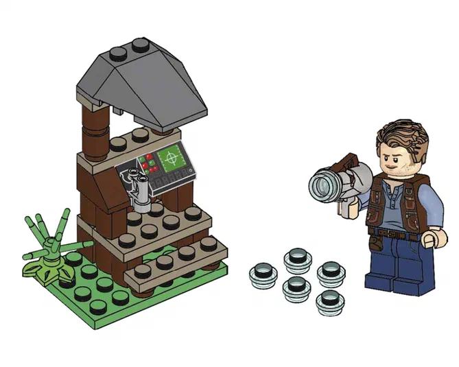 Une tour de guet en LEGO avec un écran et une plante verte à sa base, accompagnée d'un minifigurine Owen tenant un appareil photo.