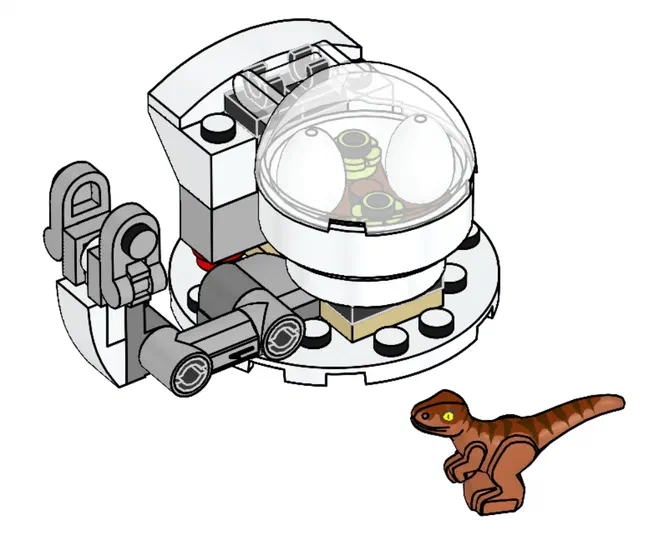 Une station d'élevage LEGO avec un raptor Jurassic World à côté.